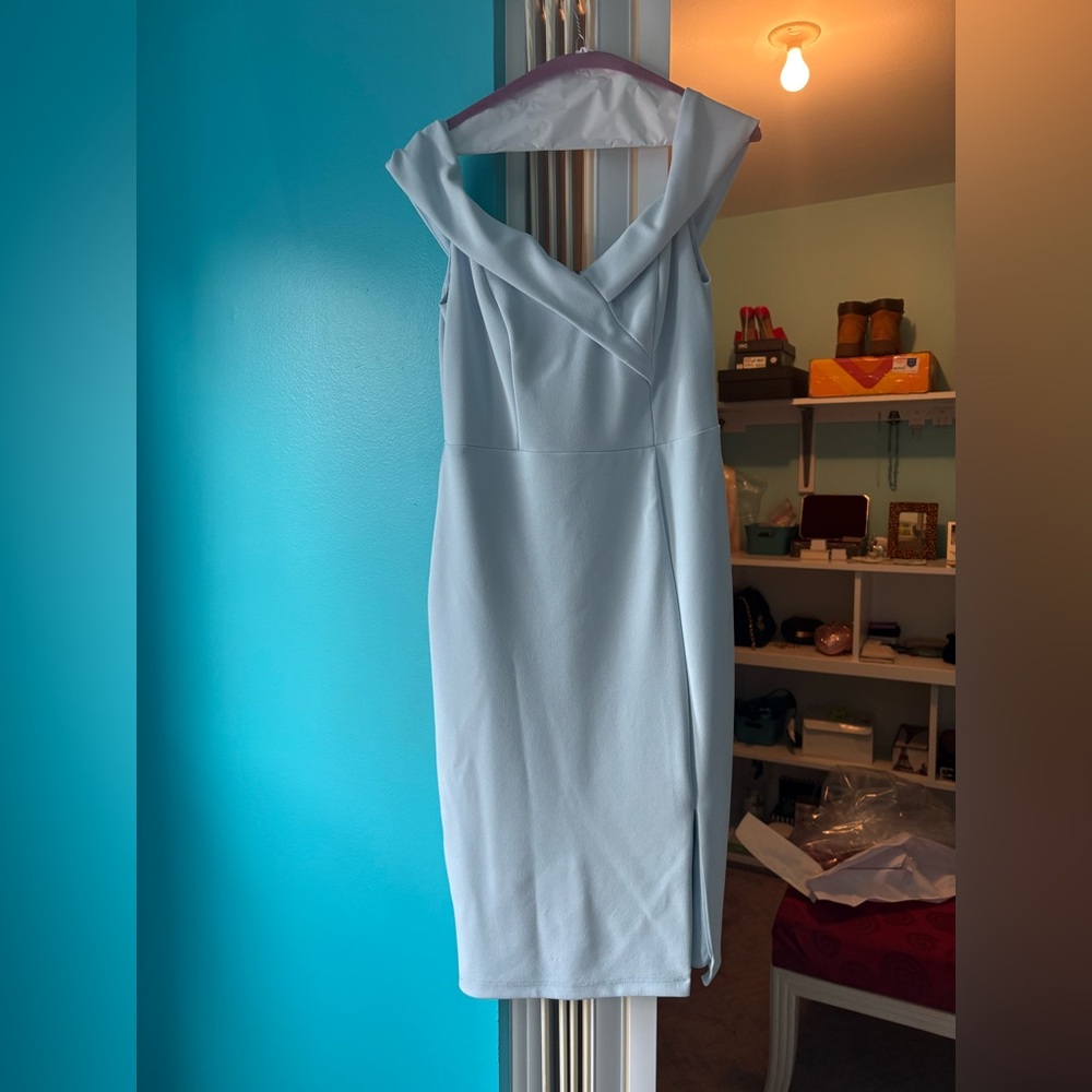 Light Blue Off-Shoulder Sheath Dress